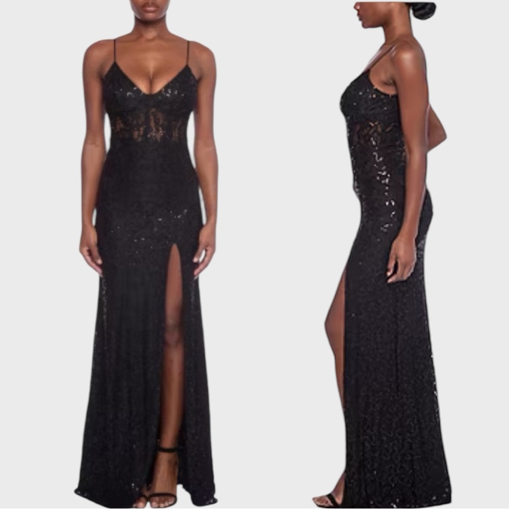 B.Smart Elegant Black Sequin Lace High Slit Lady Gown Size Junior 13